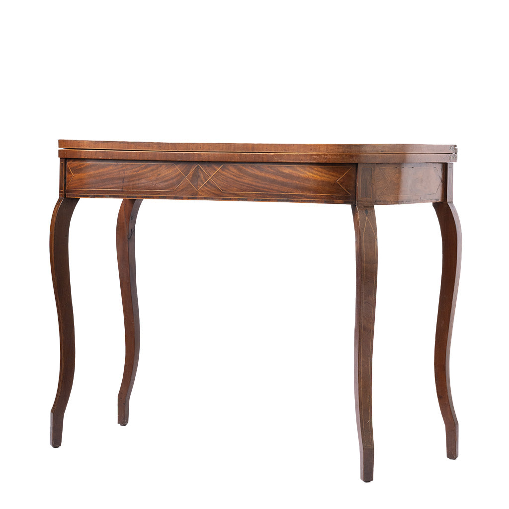 A closed wooden drop-leaf table with a warm wood finish features delicate inlaid veneer detailing along the apron and gracefully curved legs. The compact, folded design highlights its elegant antique craftsmanship.