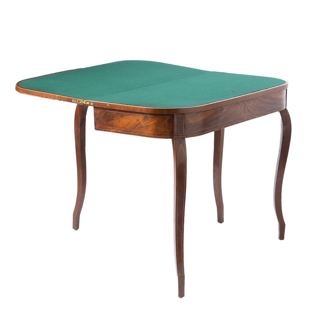 A vintage wooden game table with a green felt playing surface and curved legs, shown against a plain white background.