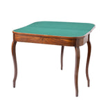 A square wooden table with a green felt playing surface and curved dark brown legs, shown on a plain white background.