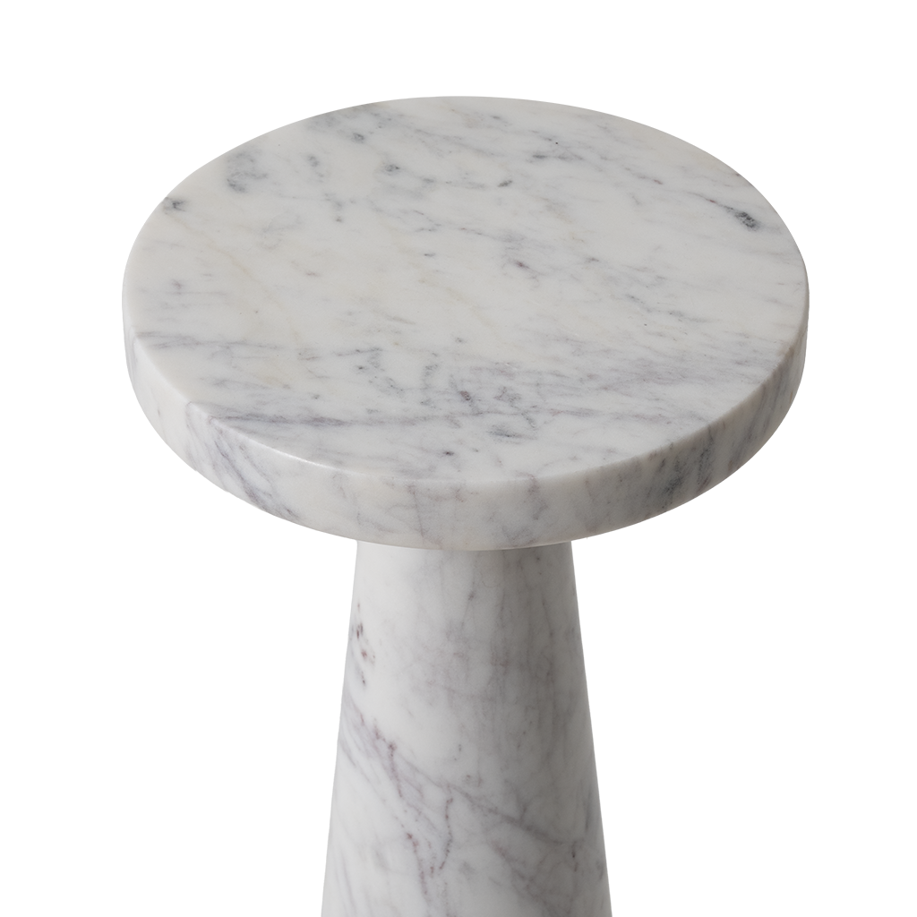 Marble side table with a round top and cylindrical base on a white background