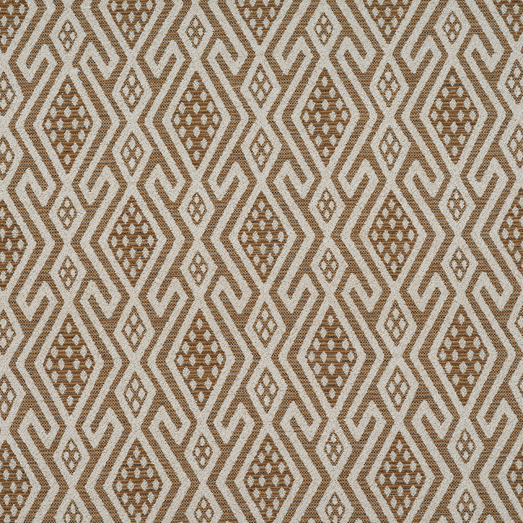 A close-up of a woven fabric pattern featuring a repeating geometric diamond and maze-like design in warm brown and off-white.