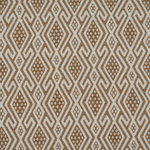 A close-up of a woven fabric pattern featuring a repeating geometric diamond and maze-like design in warm brown and off-white.