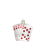 Decorative ornament shaped like a set of playing cards with red hearts on a white background