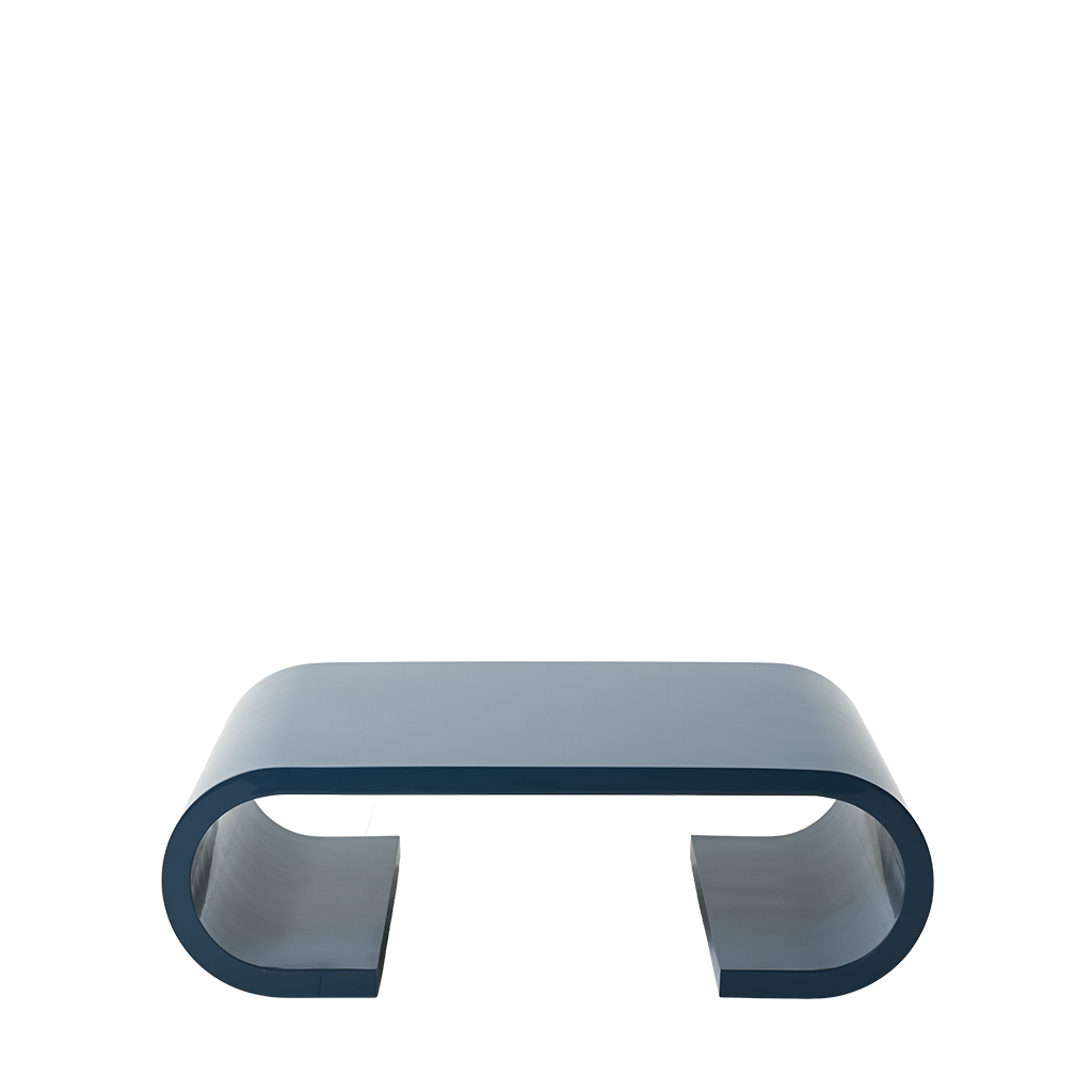 blue cocktail table with rounded corners and a scroll shape