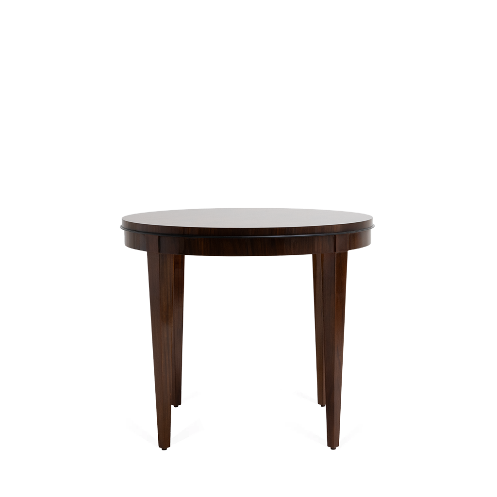 Round wooden side table with dark brown finish and three tapered legs.