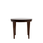 Round wooden side table with dark brown finish and three tapered legs.