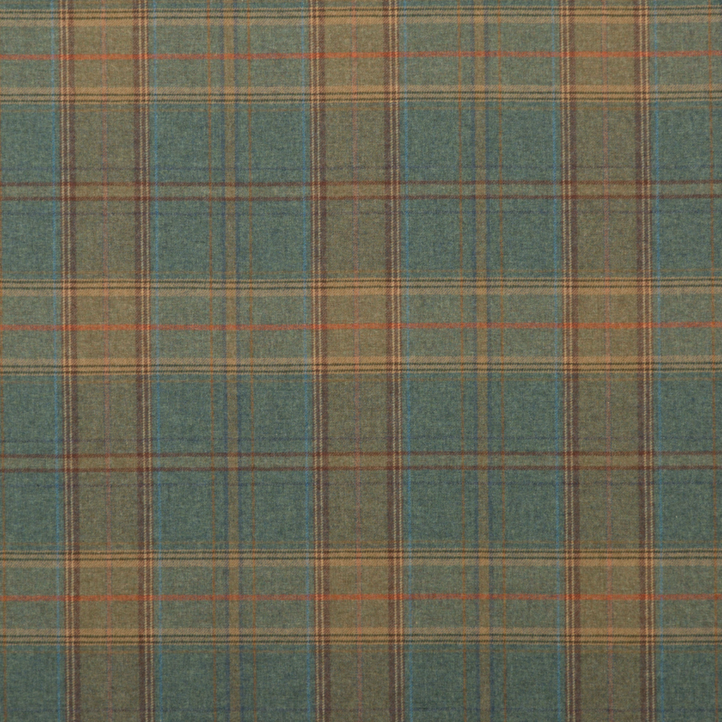 A close-up of a classic plaid fabric pattern featuring a muted teal blue base with intersecting vertical and horizontal stripes in tan, brown, and rust red.