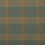 A close-up of a classic plaid fabric pattern featuring a muted teal blue base with intersecting vertical and horizontal stripes in tan, brown, and rust red.