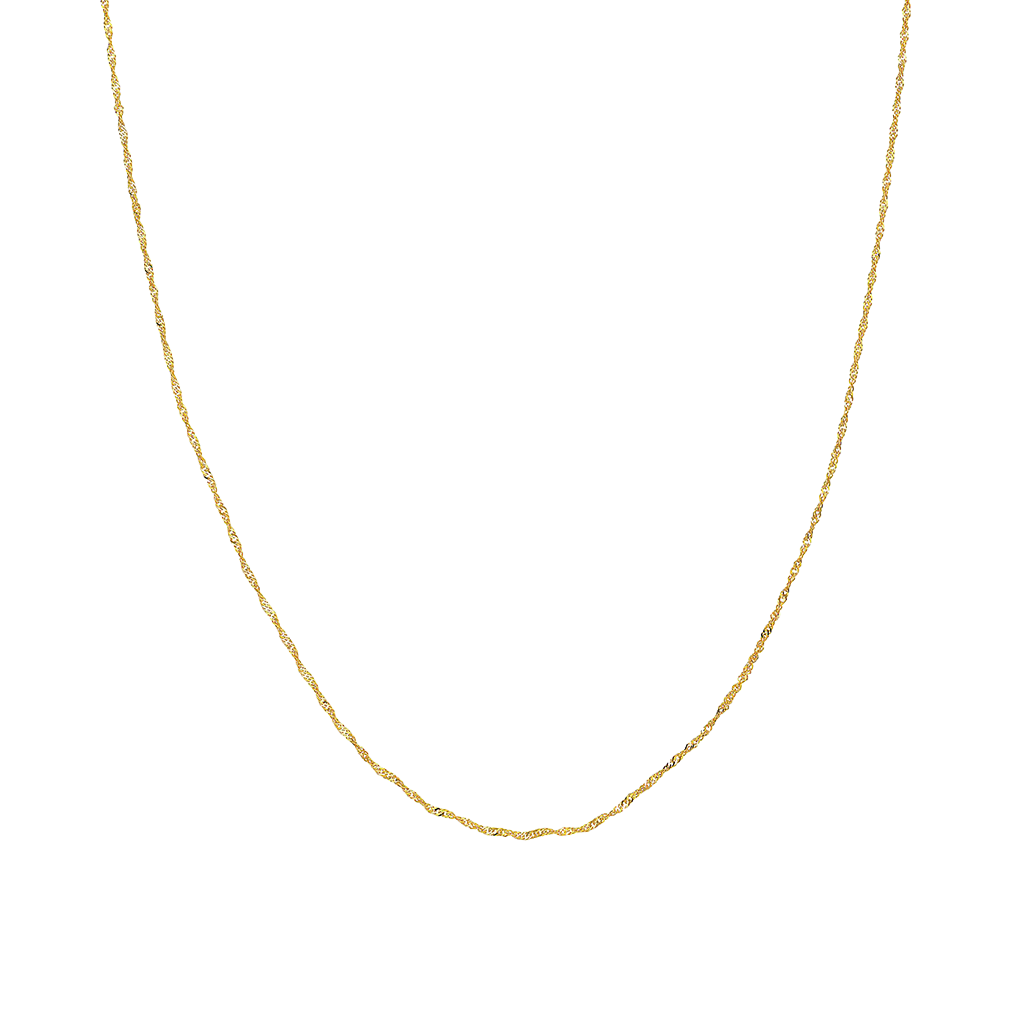 A delicate yellow gold chain necklace with a twisted, rope-like texture, displayed in a U-shape against a solid white background.
