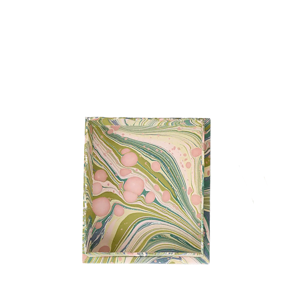 Marbled tray with pink and green design on a white background