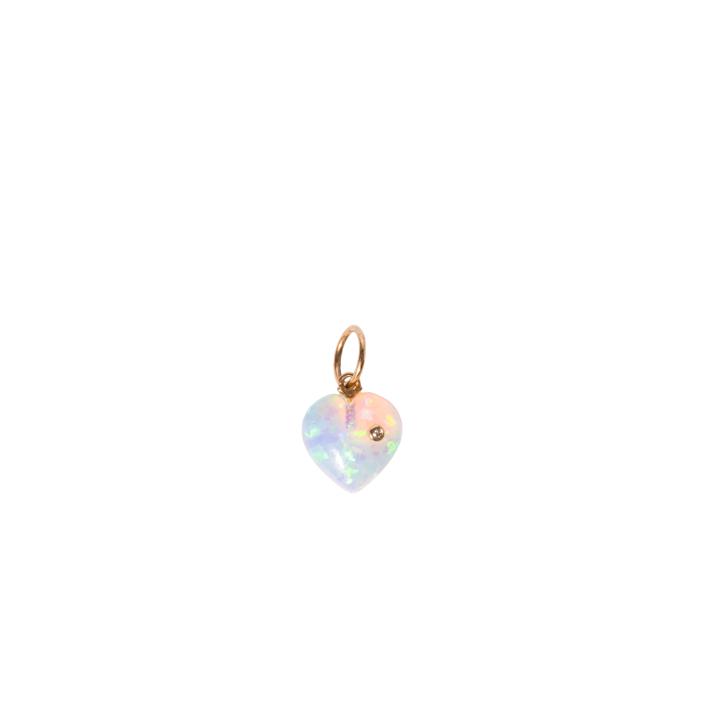 Heart-shaped pendant with iridescent finish and gold accent on a white background
