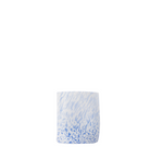 Drinking glass with blue and white pattern on a white background