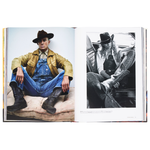 Open book showing two images of a person in cowboy attire, one in color and one in black and white.