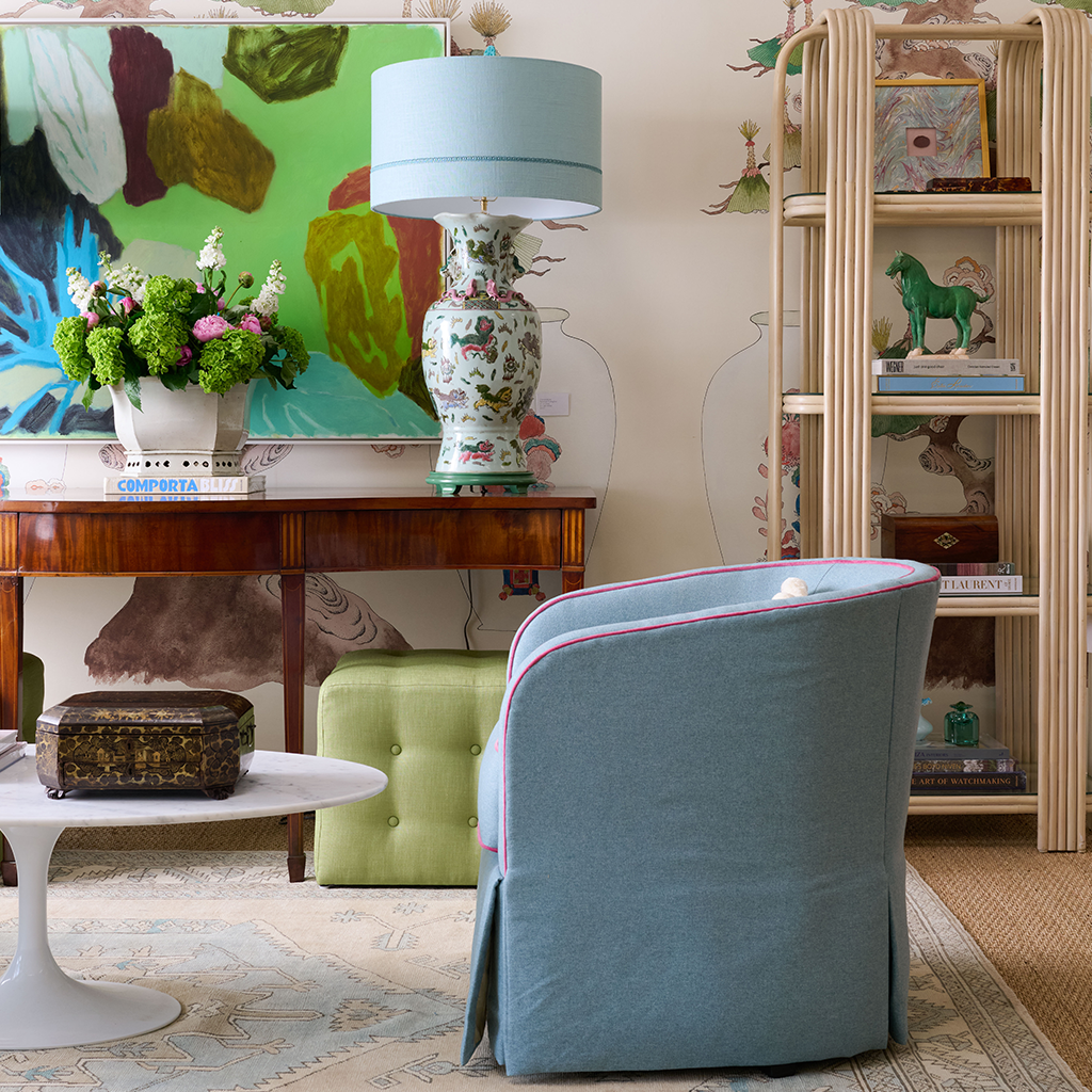 Bubblegum Blue and Bright Pink Swivel Chair in home