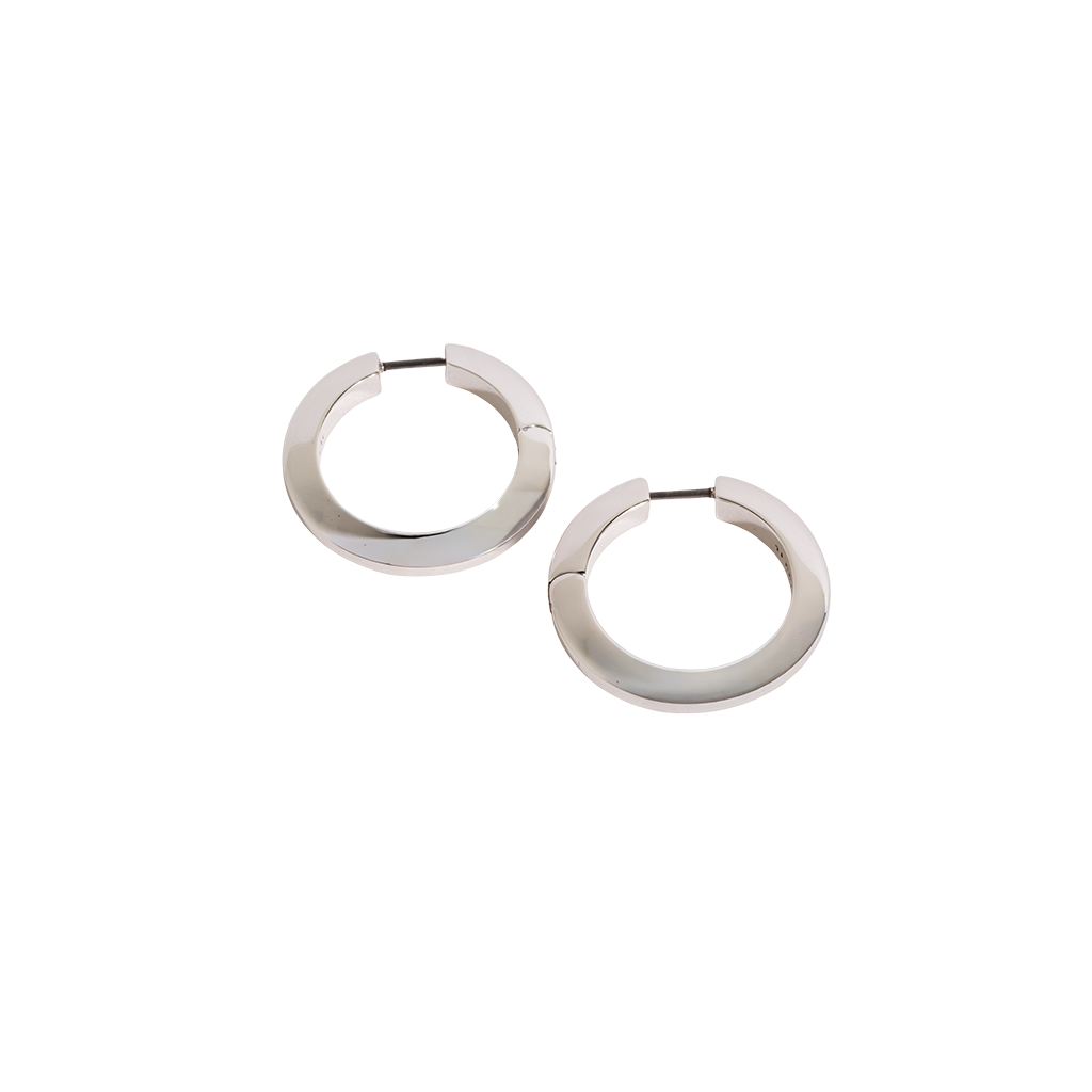 Pair of silver hoop earrings on a white background