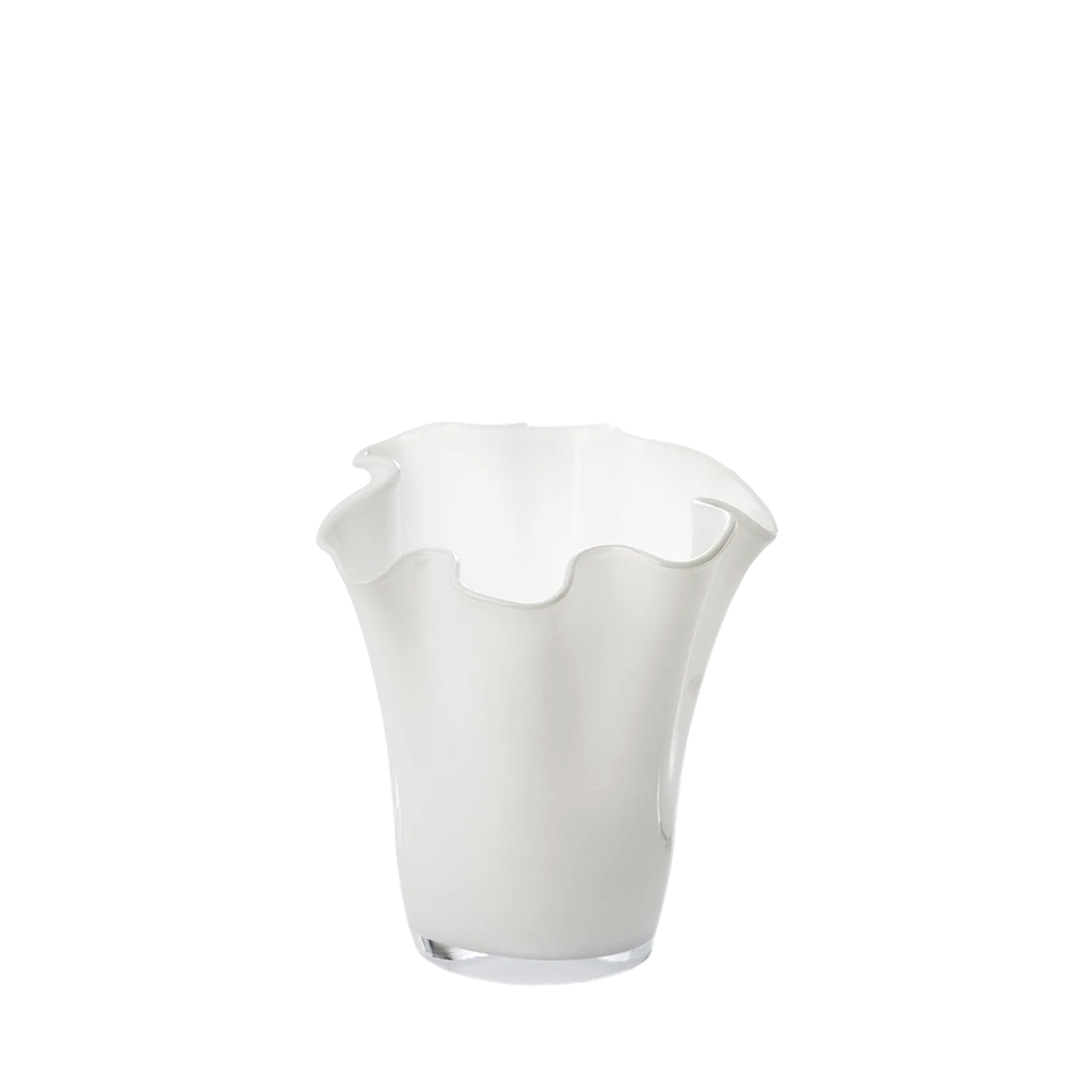 White glass vase with scalloped edge on a white background
