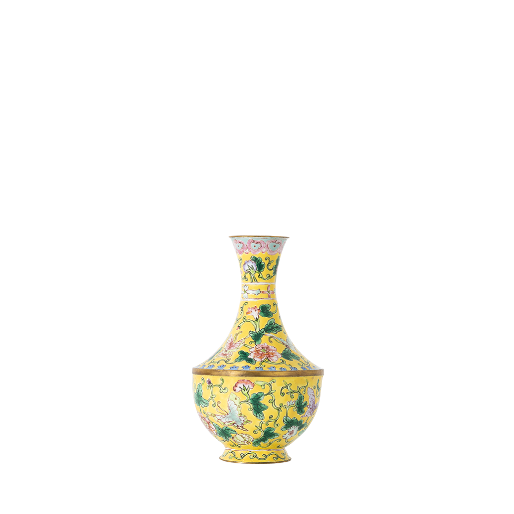 Chinese Famille Rose enamel baluster style vases with a yellow background are beautifully decorated with butterflies and flowers.