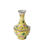 Chinese Famille Rose enamel baluster style vases with a yellow background are beautifully decorated with butterflies and flowers.