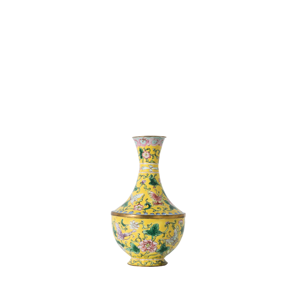 Chinese Famille Rose enamel baluster style vases with a yellow background are beautifully decorated with butterflies and flowers.