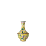 Chinese Famille Rose enamel baluster style vases with a yellow background are beautifully decorated with butterflies and flowers.