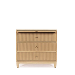Beige dresser with three drawers on a white background
