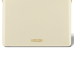 A close-up of the lower front of a cream FIELDBAR cooler highlights its smooth, rounded design and a small gold nameplate centered near the base. The gold plaque is engraved with the model name "Gin Trunk" and "Est. MMXXI," adding a refined finishing detail.