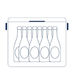 A simple line illustration shows the interior capacity of a FIELDBAR cooler holding eight upright bottles arranged in two rows. The graphic uses clean navy outlines on a white background to demonstrate the cooler's bottle storage layout.