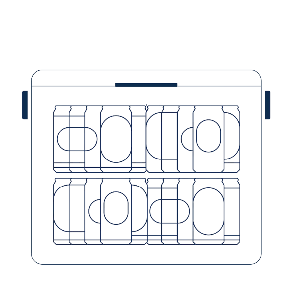 A simple line illustration shows the interior capacity of a FIELDBAR cooler holding sixteen beverage cans arranged in two organized rows. The graphic uses clean navy outlines on a white background to demonstrate the cooler's can storage layout.