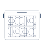 A simple line illustration shows the interior capacity of a FIELDBAR cooler holding sixteen beverage cans arranged in two organized rows. The graphic uses clean navy outlines on a white background to demonstrate the cooler's can storage layout.