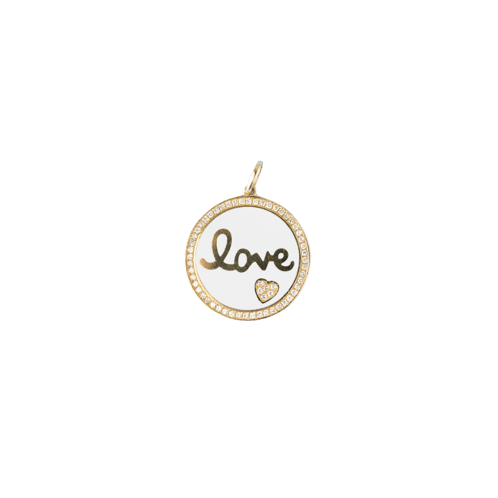 Round pendant with 'love' engraving on a white background