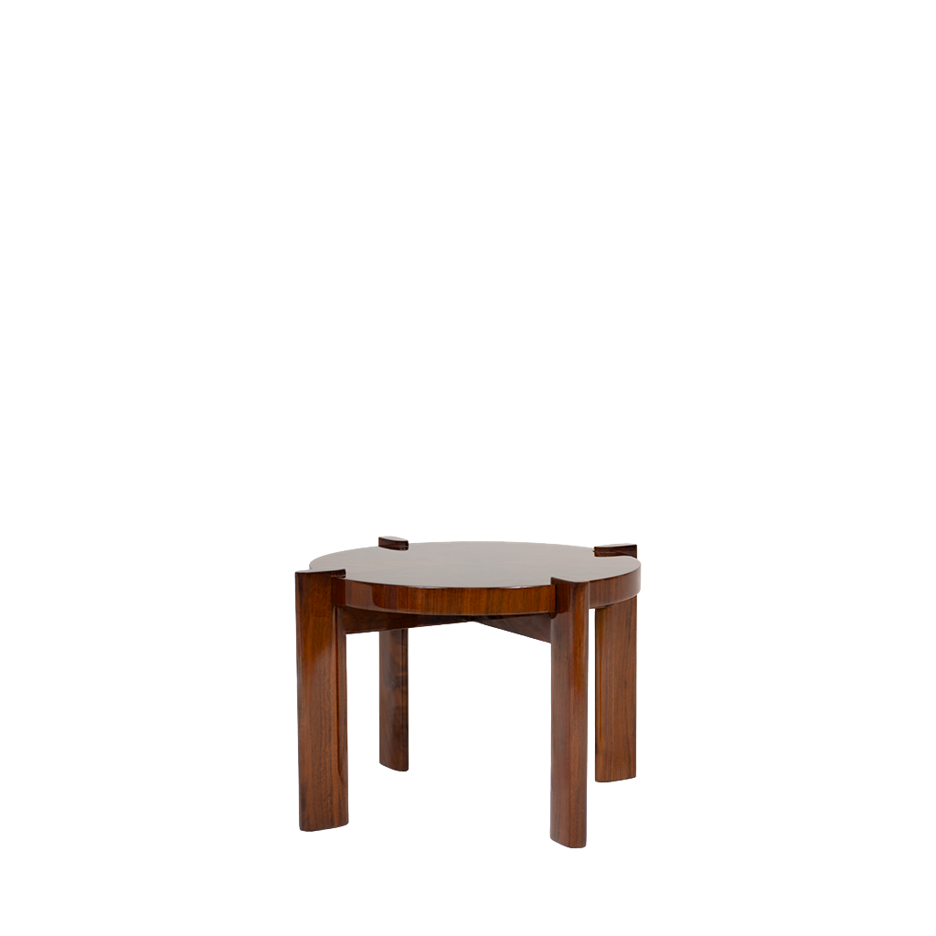 A small round walnut side table with a sunburst veneer design, featuring a glossy finish.