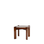 A small round walnut side table with a sunburst veneer design, featuring a glossy finish.