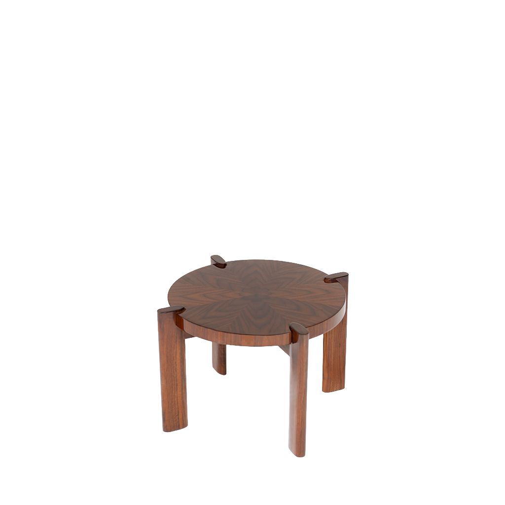 A small round walnut side table with a sunburst veneer design, featuring a glossy finish.