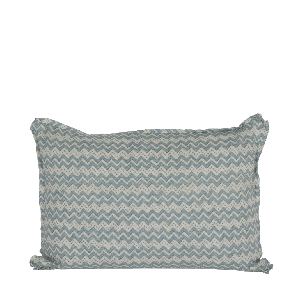Rectangular lumbar pillow with blue and white zigzag pattern and soft fabric texture.