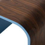 Close-up of two-toned stool with wooden pattern on one side and blue on the other on a white background