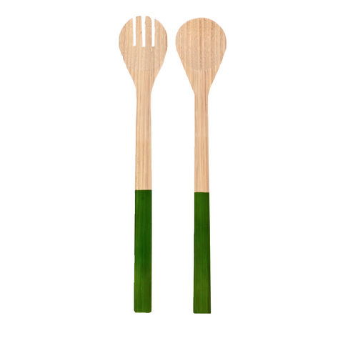 large salad serving utensils with green accent