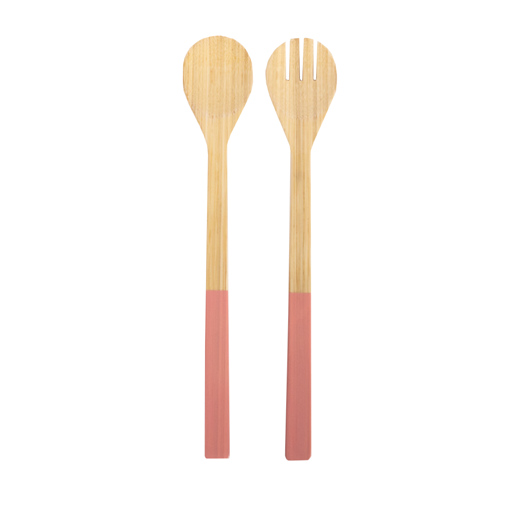 Two bamboo salad servers with pink stripes on a white background.