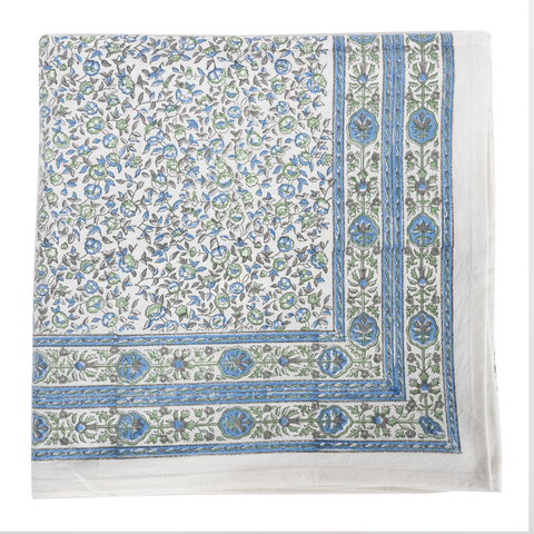 Block print tablecloth with blue and green border detail