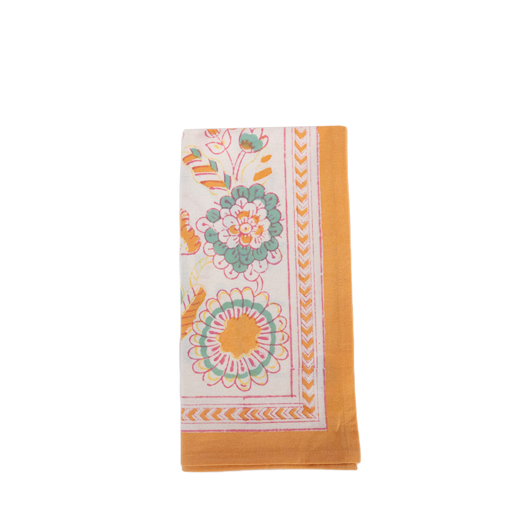 Block print napkin with orange and blue floral pattern