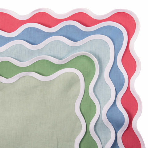 Scalloped Linen Napkin, Hibiscuis Pink, blue, and green