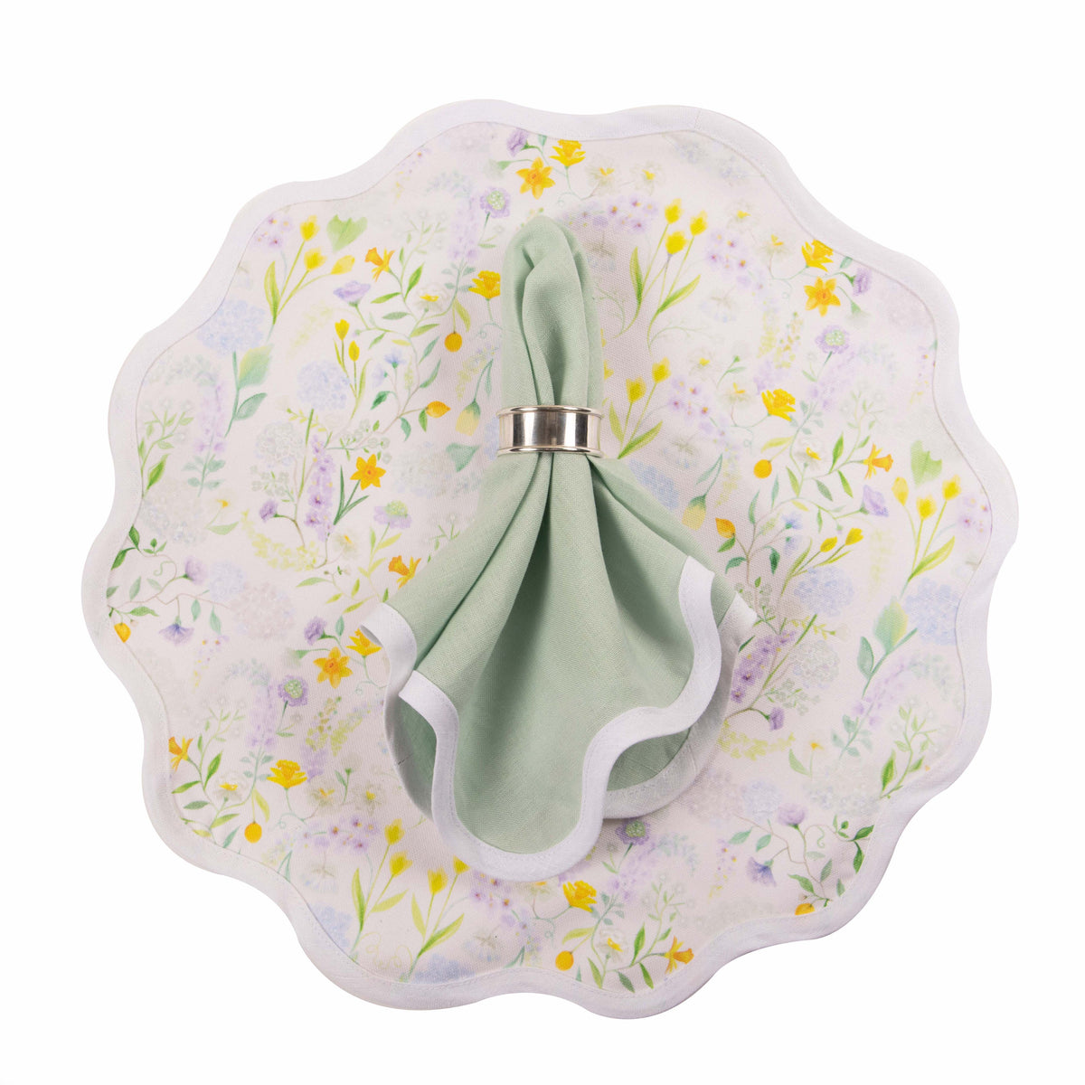 Scalloped Linen Napkin, Sage on top of round floral scalloped place mat
