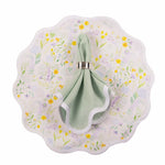 Scalloped Linen Napkin, Sage on top of round floral scalloped place mat