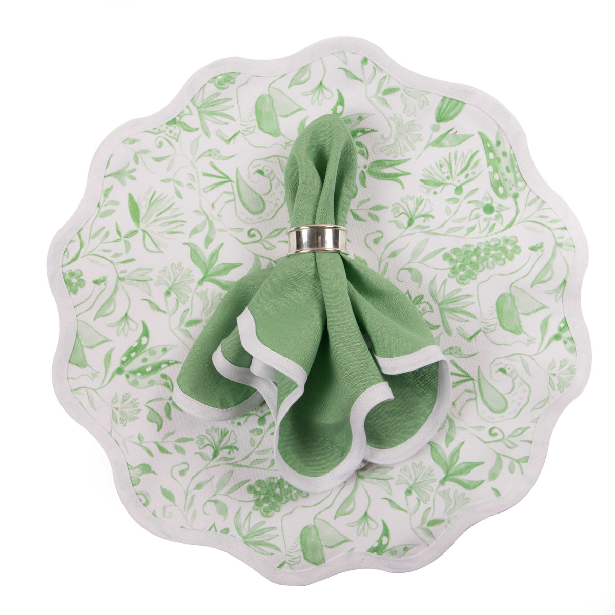 Scalloped Linen Napkin, Garden Green, on round green placemat