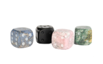 Andean stone dice, set of four, showing one of each color: blue, onyx, pink, and green