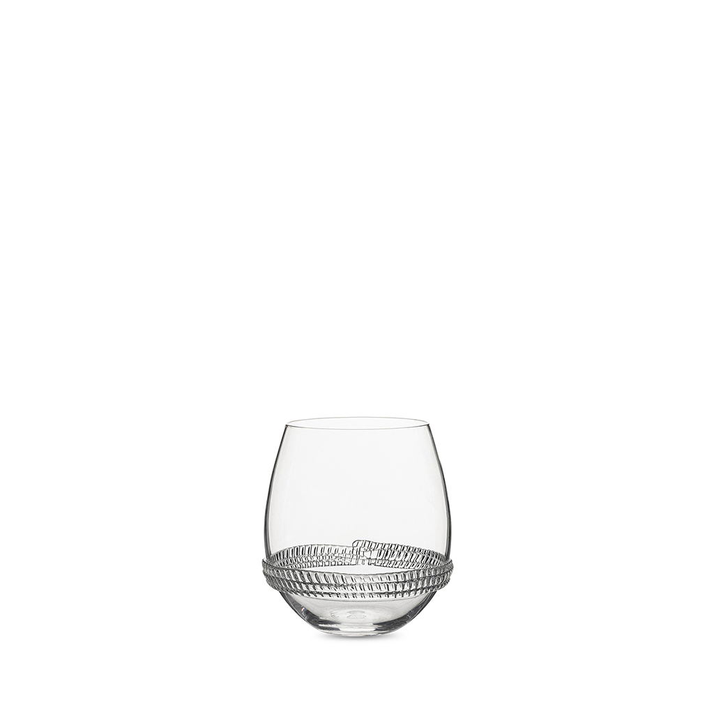 Clear stemless wine glass with a textured horizontal line pattern around the base.