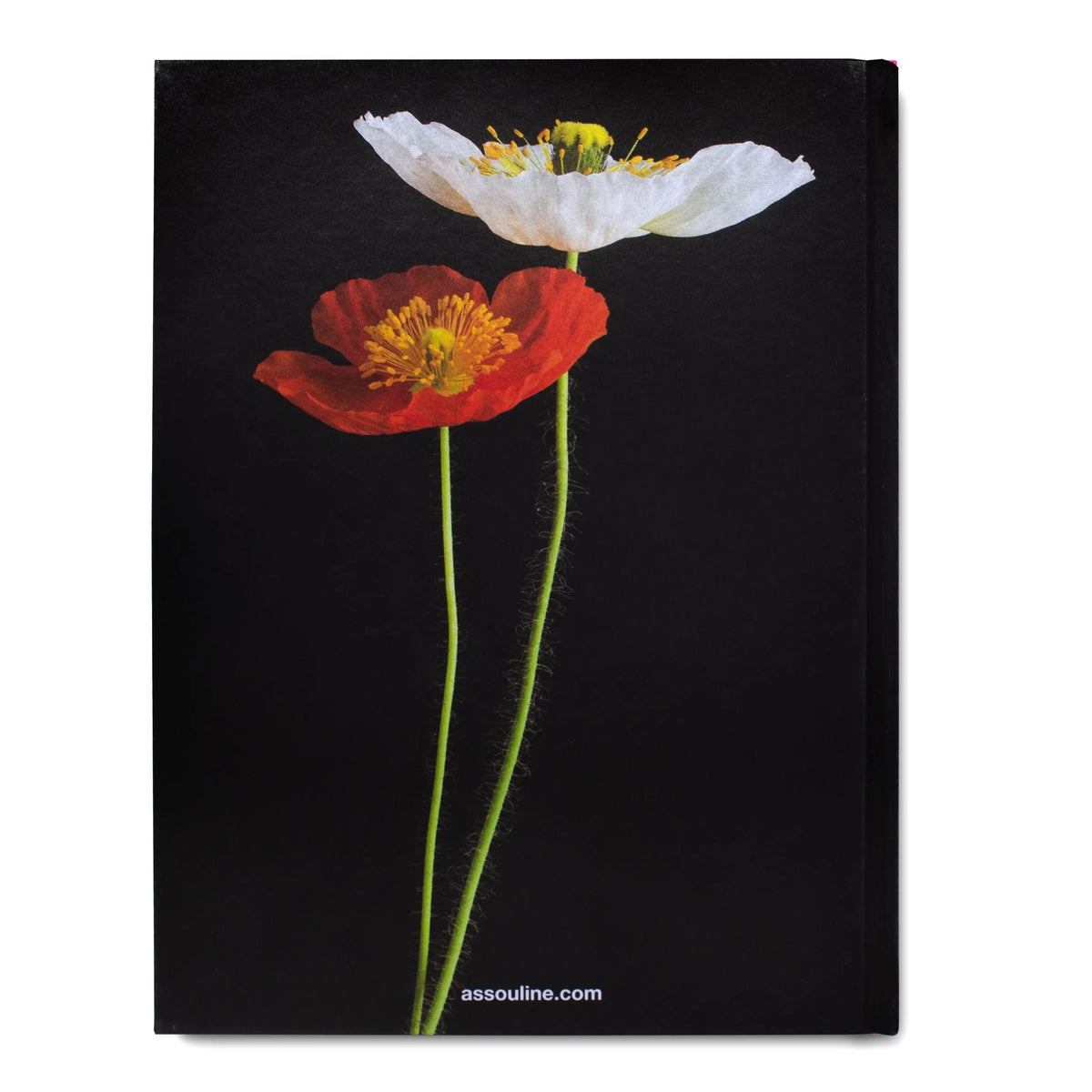 Hardcover book with a black cover featuring a detailed illustration of a red and a white poppy flower.