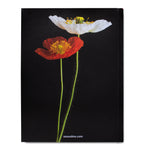 Hardcover book with a black cover featuring a detailed illustration of a red and a white poppy flower.