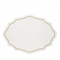 White vinyl placemat with scalloped edges and gold embroidery