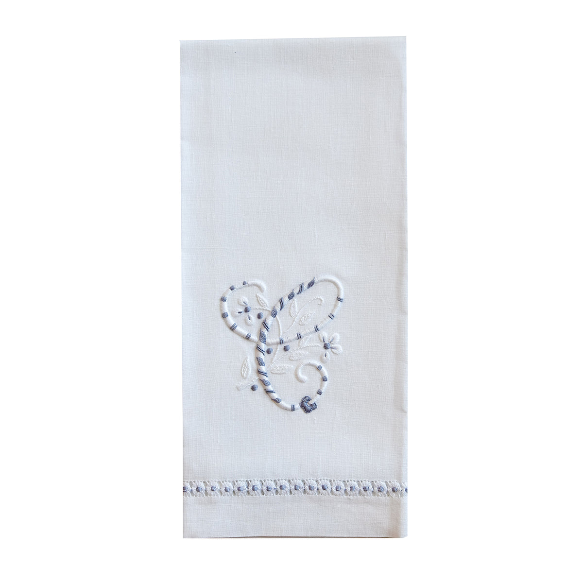 Embroidered Hand Towel, Grey Monogram– Blue Print