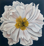 Art print with white flower on a navy background